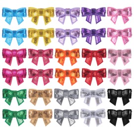 30 PCS Mini Bow Iron On Patches, Colorful Glitter Bow Patches Iron On, Cute Mini Sequin Bowknot Coquette Embroidered Applique for Hat Clothing, Bags, Jeans, DIY Accessory