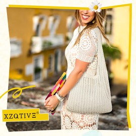 XZQTIVE Crochet Tote Bag for Women Mesh Beach bag for Summer Vacation Aesthetic Hobo Knit Shoulder Bag, White