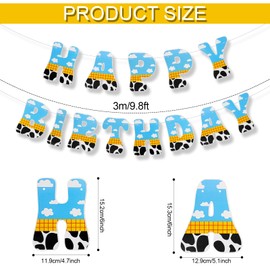 Cartoon Story Happy Birthday Banner, Pre-String Blue Sky and White Cloud Cow Birthday Banner Toy Inspired Story Birthday Decoration for Party Decorations Supplies