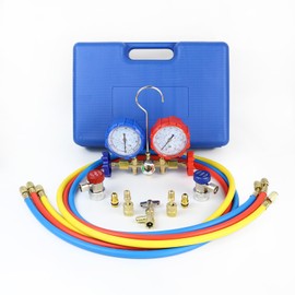 Ac Gauge Set, 3 Way AC Manifold Gauge Set for R134A R410A R404 R22 Refrigerant,Freon Gauges with 5Ft Hose,Adjustable Quick Couplers, Acme Adapter and Can Tap for Car,Home Automotive Freon Charging