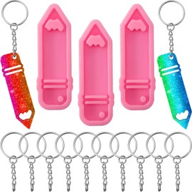 3 Pieces Back to School Pencil Shape Silicone Keychain Mold Pencil Keychain Pendant Polymer Clay Mold Chocolate Fondant Clay Moulds 10 Pieces Key Rings with Chains for DIY Keychain Decoration, Pink