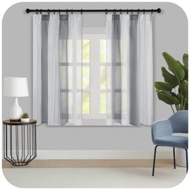 MRTREES Curtains with Ruffle Tape, Short Grey and White, Set of 2, 145 x 140 cm Curtains with Linen Look, Semi-Transparent Curtains, Stripes
