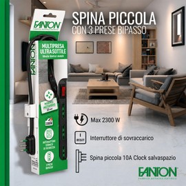 FANTON 47403 Multipresa SLIM 1,5 metri 3 prese bipasso, interruttore di sovraccarico con spina piccola CLOCK utile per posti stretti, dietro a mobili e comodini, colore nero