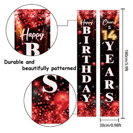 Happy 14th Birthday Porch Sign Door Banner Decor Red and Black – Glitter Cheers to 14 Years Old Birthday Party Theme Decorations for Boys Girls Supplies