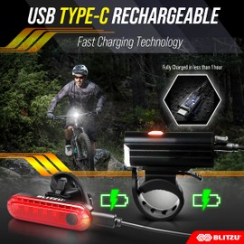 BLITZU Bike Lights Set – Gator 450 LED USB-C Rechargeable Headlight & Rear Taillight with Front and Back Bike Reflectors – Bicycle Accessories for Night Riding, Men & Kids