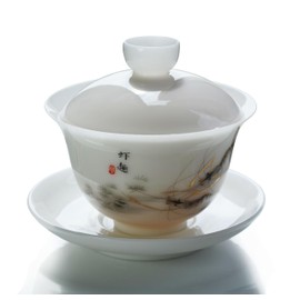 Liang baobao Ice Jade White Porcelain Gaiwan,5oz Teacup Suet-fat Jade Porcelain Chinese Tea Cup Set for Gongfu Tea (shrimp)