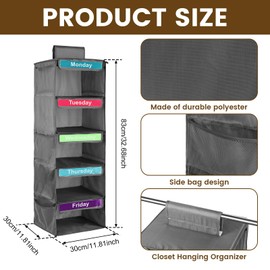 Weekly Clothes Organiser for Kids, 5-Shelf Hanging Storage Organiser for Daily Clothes, Day of The Week Children Clothes Organizer, Monday to Friday Wardrobe Storage for School Uniform Hats (gray)