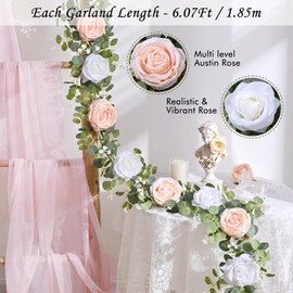 Waipfaru 6.07FT Artificial Eucalyptus Garland with Flowers, Fake Rose Gypsophila Garland, Greenery Garland Floral Vines for Wedding Table Backdrop Party Centerpiece Room Decor (Champagne)