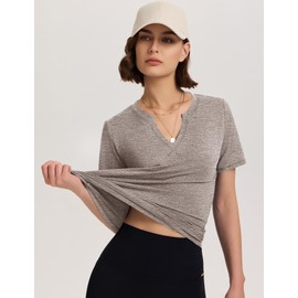 TCOT Womens T Shirts Loose Workout Tops V Neck Short Sleeve Gym Shirts Athleisure Top Exercise Shirts Light Brown XXL