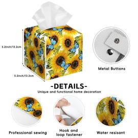 Sunflowers Tissue Box Cover,Blue Butterflies PU Leather Tissue Box Holder Square,Modern Home Decoration for Bathroom Living Room Kitchen Office Car,5.2"×5.2"×5.2"