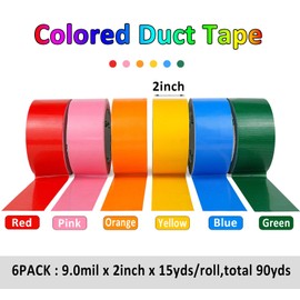 BOMEI PACK Colored Duct Tape, 6 Rainbow Duct Tape Colors 2 Inch x 15 Yards x 9 Mil, Heavy Duty Waterproof Duct Tape of Red Pink Yellow Orange Green and Blue