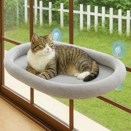 Sinai Cordless Cat Window Perch-Foldable Hammock Seat with Cushion Bed Cover, Durable Metal Frame, Strong Suction Cups for Large Indoor Cats, Space-Saving Design, Bonus Self-Groomer with Catnip