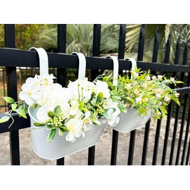 Joyfernal 10" Hanging Flower Pots, Pack of 2 White Metal Outdoor Patio Balcony Planter, Railing Planters Fence Pot with Detachable Hook & Drainage Hole for Small Plants (White, 2Pcs)