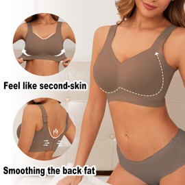 PoseFree Womens Bras No Underwire Full Support Back Fat Smoothing Bralette Wireless Push Up Plus Size Sports Bra (Coffee,3XL)
