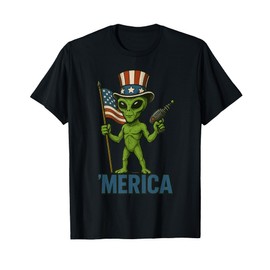 Funny Alien with American Flag and Ray Gun 4th of July T-Shirt