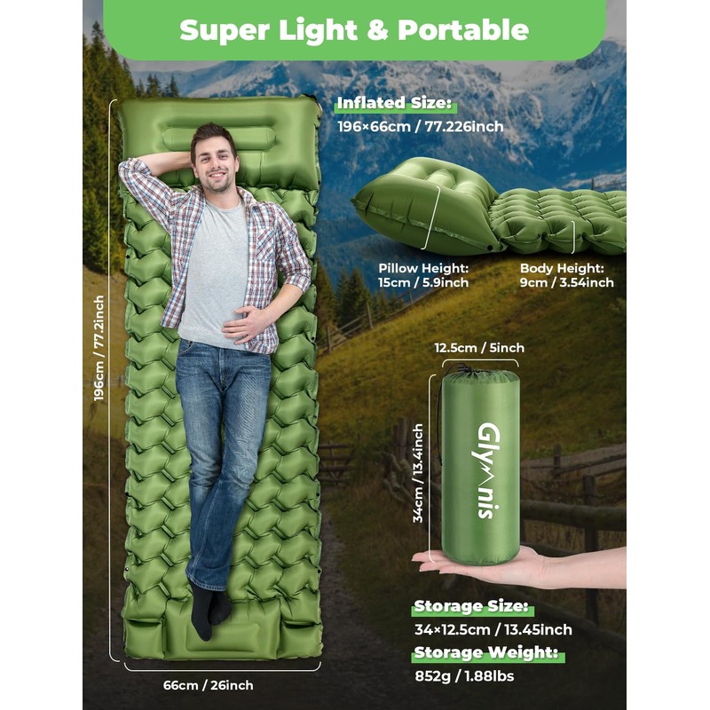 Glymnis Sleeping Mat 12CM Thick, Built-in Foot Pump Waterproof Camping