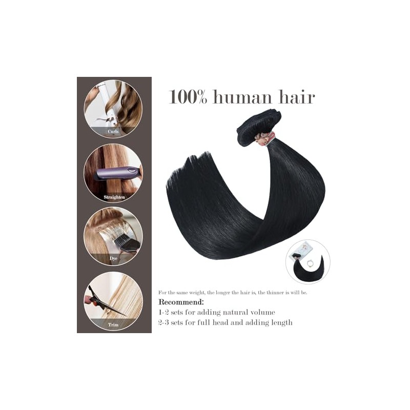 Honsoo Extensiones de Cabello Humano con Clip Negro Azabache 70g
