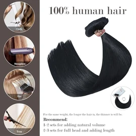 Honsoo Extensiones de Cabello Humano con Clip Negro Azabache 70g 7 Piezas 12 Pulgadas