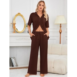 Kikibell Women Pajama Set 2 Piece Pjs Post Partum Lounge Sets fol Women Postpartum Going Home Outfit fol Mom Sleepwear Brown L