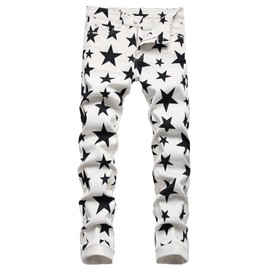 Men's Casual Star Printed Jeans Skinny White Denim Pants (5692 White, 38)