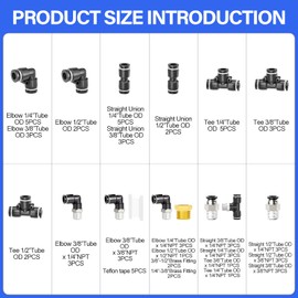TAILONZ PNEUMATIC Black 1/4"3/8"1/2" Push to Connect Fittings Air Hose Fittings, Push-in Fittings Thread Connection Kits, Suitable for Nylon Tube PU Tube Air Tube and Other Connection Kits（Pack of 66）