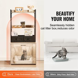 Happybuy Cat Litter Box Enclosure, Hidden Litter Box Furniture with 2 Storage Shelves & 2 Baskets, Wooden Cat Washroom Indoor, Cat House Cabinet Fit Most of Litter Box, 23.6"L x 19.7"W x 50"H, Natural