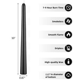 ShashaMurat 12PCS/Pack 10 Inch Taper Candles, Unscented Glossy Candles with Cotton Wicks, Tall Dripless Candles for Home,Dinner,Party or Wedding (Black)