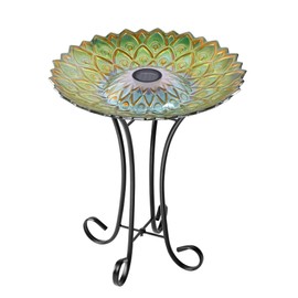 Hi Line Gift Ltd. Solar Peacock Green Geometric Glass Bird Bath with Stand