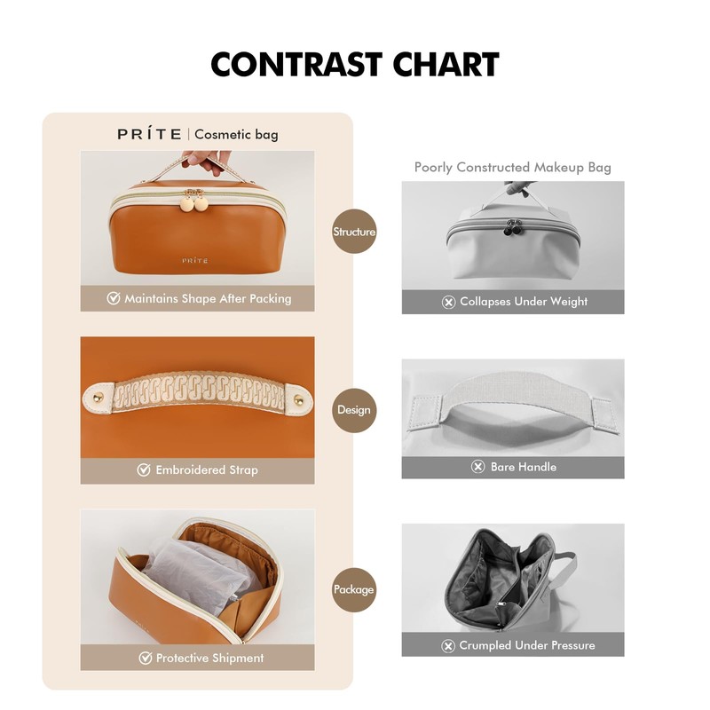 Prite Makeup Bag for Women Travel Waterproof Vegan Leather Cosmetic