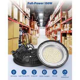 150W UFO LED High Bay Light, Adjustable Wattage 150W/110W/75W, 3-Color Temperature (6500K/5000K/3500K), 21,000LM, 120VAC, Plug & Play LED Shop Lights Fixture for Warehouse, Garage, Factory