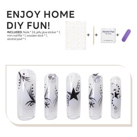 Square Press on Nails Long Fake Nails French Tip False Nails with Star Polka Dots and 3D Heart Rhinestones Designs Stick on Acrylic False Nails Y2k Manicure Nails for Women 24Pcs