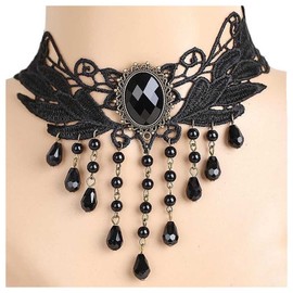 Inilbran Boho Lace Chain Necklace Black Fringe Crystal Necklace Choker Gothic Drape Crystal Lace Choker Necklace Vintage CZ Water Drop Necklace Chain Jewellery for Women and Girls