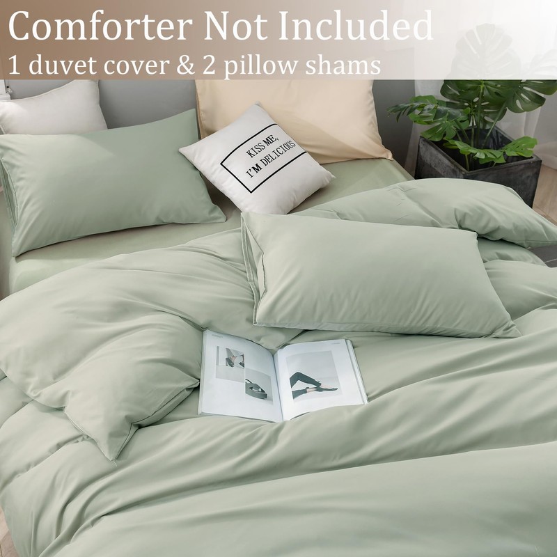 BESTDESIL Sage Green Duvet Cover Set Queen,Washed Microfiber Bedding Comforter