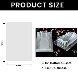 PigPotParty Cellophane Bags 8"x11", 50 Pack Clear Gift Bags, 3.15" Bottom Gusset for Stand-Up Display, Plastic Cellophane Gift Wrap, Ideal for Mugs, Goodies, Treats, Party Favors, Includes Gold Ties