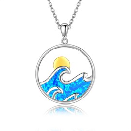 DAYLINLOVE Wave Necklace 925 Sterling Silver Blue Opal Wave Pendant Necklaces Ocean Wave Jewelry Sea Beach Gifts for Women Girls Men