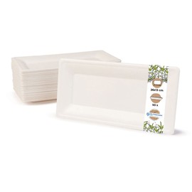 GREENBOX Disposable Tableware, Sugarcane Disposable Plates, Compostable, Pack of 50 Party Plates, Rectangular, 26 x 13 cm, White, Biodegradable Plates Made of Sugarcane for Appetizers, Appetizers,
