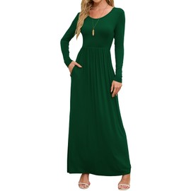 DEARCASE Maxi Dress for Women Dark Green Medium Crewneck Long Sleeves Wedding Guest A-line Plain Casual Empire Waist Flowy Party Vintage Spring Fall Winter Floor Dresses with Pocket