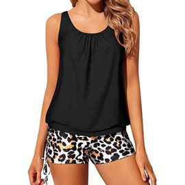 SEDEX Tankini Swimsuits for Women Tummy Control Bathing Suit Modest High Waisted Swimwear 2 Piece Blouson Tankini with Shorts,Black