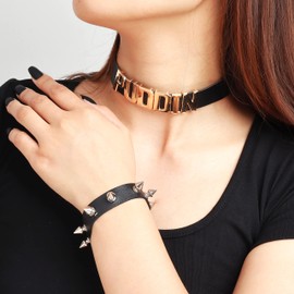 Puddin Gargantilla Collar Punk Pulsera de Cuero con Pinchos para Mujer Halloween Disfraz Cosplay, aleación, Aleación.,
