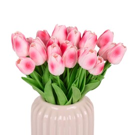 Relaxdays Artificial Tulips 24 Artificial Flowers Like Real Decorative Artificial Tulips Made of Plastic Approx. 33.5 cm Long Pink/Green