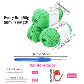 FOGAWA Crochet Yarn for Beginners 3x50g Chunky Yarn for Crochet Chunky Cotton Yarn Thick Wool Green Easy Yarn for Crafts Amigurumi Knitting with 4mm Crochet Hook 4 Plastic Needles 15 Stitch Markers