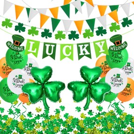 iZoeL St Patricks Day Decorations St Patricks Day Accessories, Welcome Lucky Banner Irish Bunting St Patricks Day Balloons Shamrocks Bunting Confetti for Home Bar Paddy's Day Irish Day Party Supplies