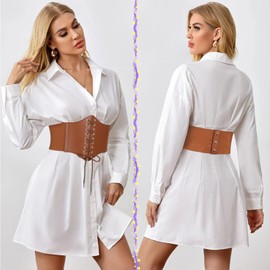 WHIPPY Women's Lace Up Corset Tied Waspie Wide Belt Elastic Corset Waist Belt Lace Up Belt, C-brown