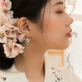 Sonateomber Pearl Flower Drop Dangle Cubic Zirconia Gold Fish Hook Earrings for Women – Silvery Floral Sparkly Crystal Spring Easter Fashion Jewelry Gifts