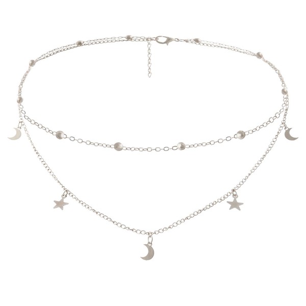 BaubleStar Fashion Layering Star Moon Charm Pendant Tassel Necklace Silver Chain Choker Collar Multi Layered Statement Jewelry Women Girls B24S
