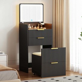 JDPAG LED Vanity with Flip Top Mirror, 3 in 1 Small Makeup Desk with Glass Desktop, Compact Dressing Table with Storage and Cushioned Stool with Wheels,3 Drawers, Bedroom Black