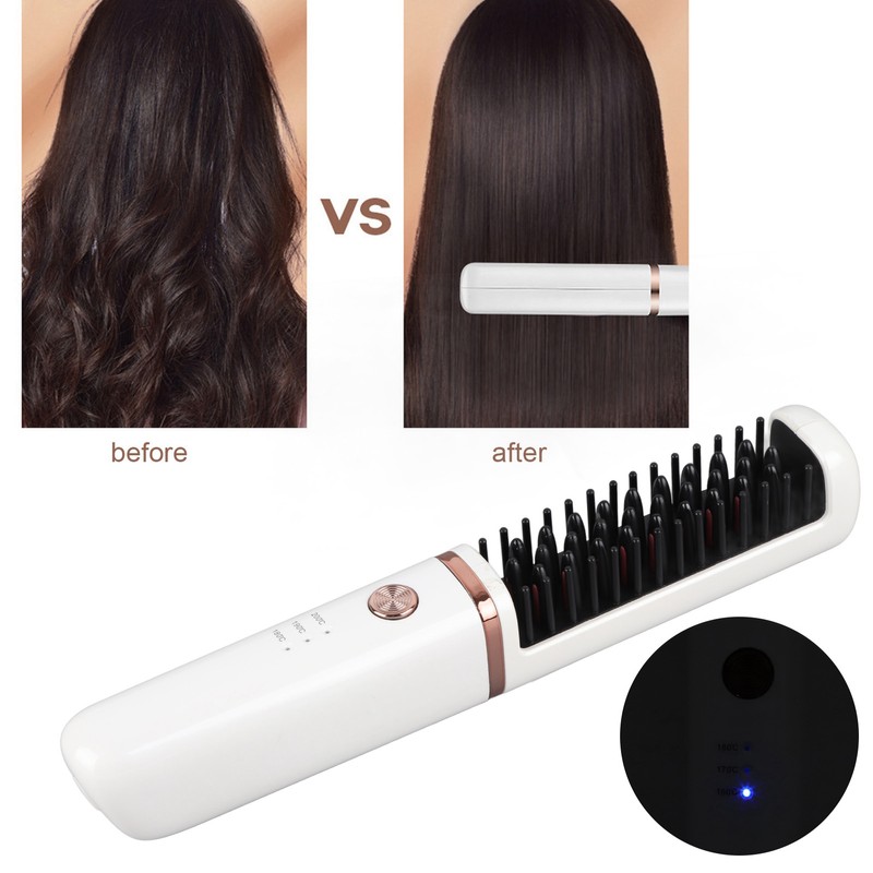 Hair Straightener Brush USB Rechargeable Hair Straightening Curling Brush Pearl