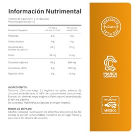 VIZANA NUTRITION | Cúrcuma Organica c/Piperina y Curcumina en Cápsulas Pullulan Organicas (90 Caps-500 mg)