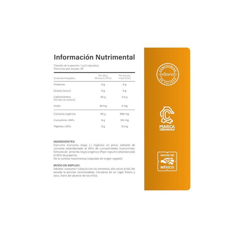 VIZANA NUTRITION | Cúrcuma Organica c/Piperina y Curcumina en Cápsulas