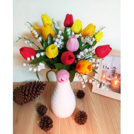 Huahuashijie 15 Stems Multicolor Flowers PU Real Touch Tulip Artificial Flowers Bouquet for Spring Wreath Wedding Bouquet Festival Party Home Office Décor DIY (Mix 4 Color)